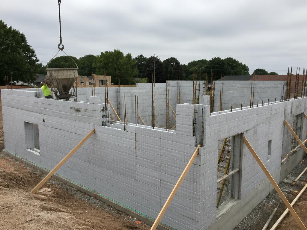 Illustration of an insulated concrete formwork house shell under construction