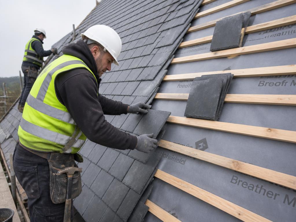 Illustration of slate roofing work on a pitched roof